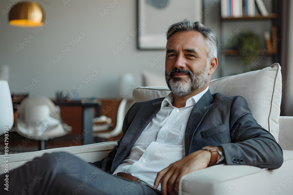 Man in his 40s, smiling, wearing business suit, sitting in an office on sofa during causal chat Man in his 40s, smiling, wearing business suit, sitting in an office on sofa during causal chat