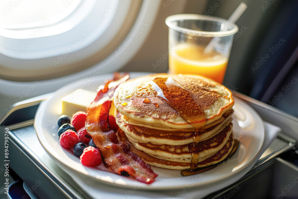 Tasty airline meal served in-flight, with pancakes and a cup of juice on a tray