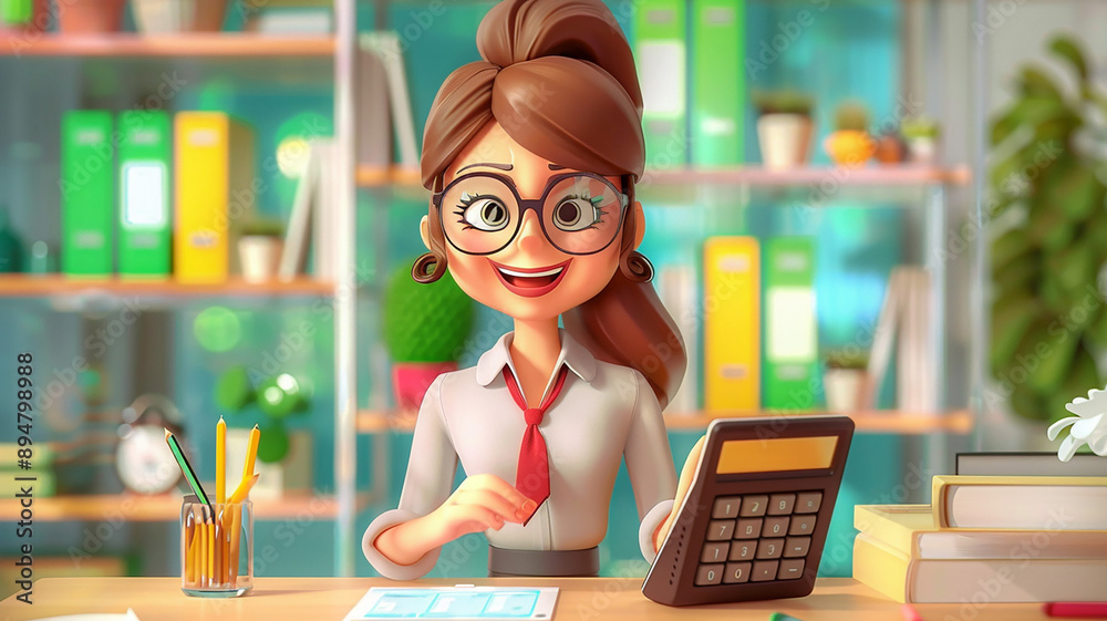 Businesswoman in 3D cartoon style calculating budget, using a calculator, detailed office background, Businesswoman in 3D cartoon style calculating budget, using a calculator, detailed office background,