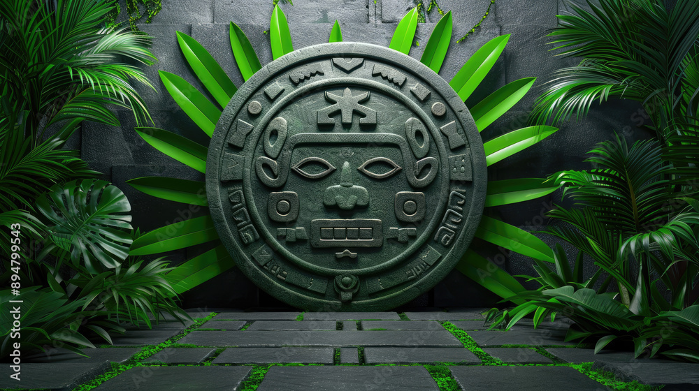 Obraz premium Explore an ancient stone artifact surrounded by lush greenery, evoking mystery and history in a tropical setting.