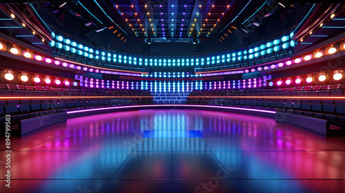 Vibrant stage set with colorful lights and reflections, perfect for performances or events. Ideal for entertainment and media projects.