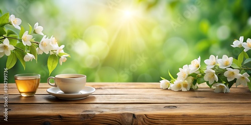 Wooden table top on blur jasmine tea background AI Generative © boxs