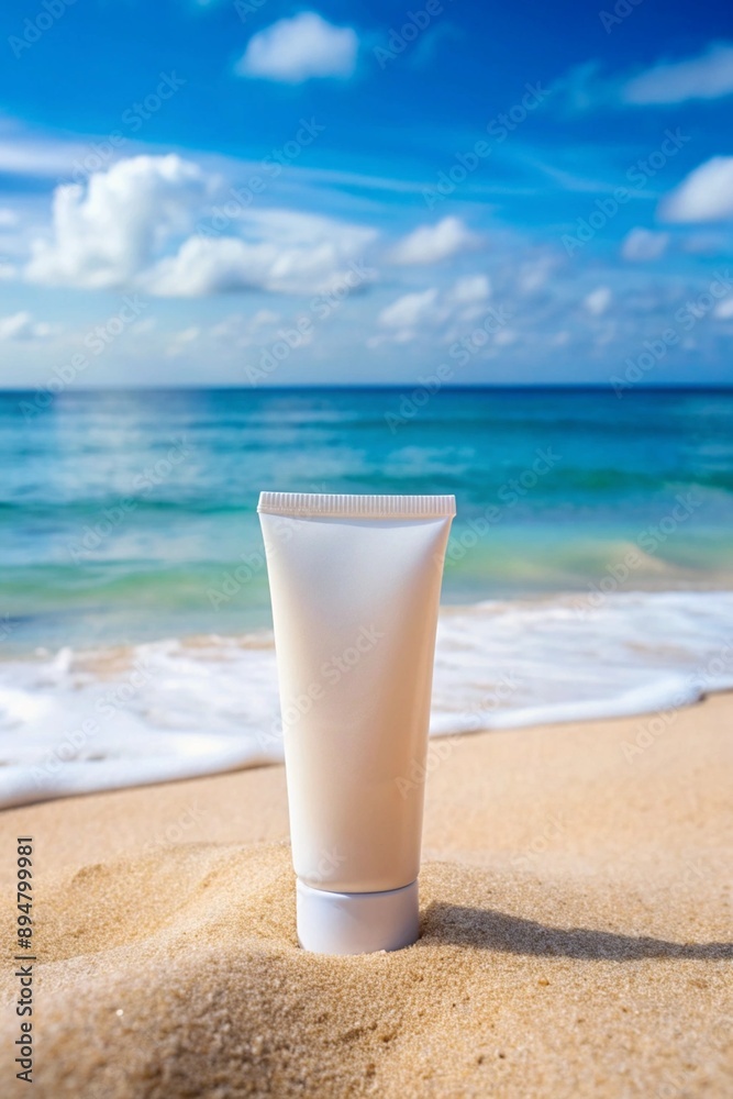 Skincare cream tube or sunblock on the sand beach, with a beautiful seaside view Skincare cream tube or sunblock on the sand beach, with a beautiful seaside view