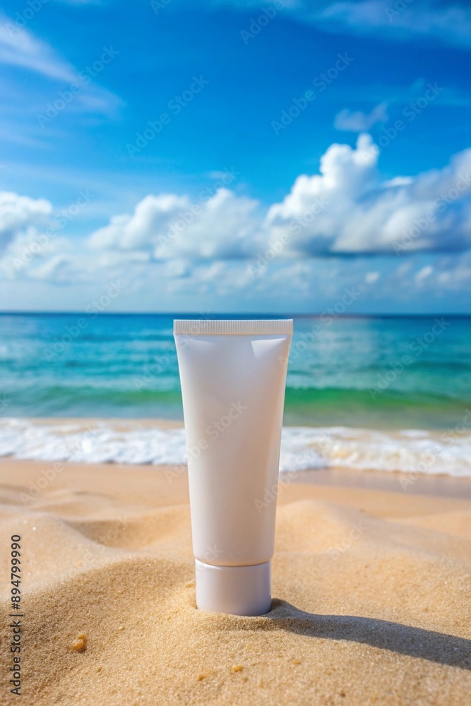 Skincare cream tube or sunblock on the sand beach, with a beautiful seaside view Skincare cream tube or sunblock on the sand beach, with a beautiful seaside view