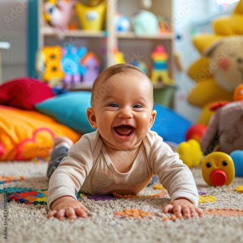 A photograph of a baby, tumbling, happy, close-up, 16:9