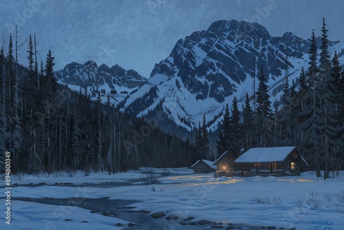 Wallpaper Mural Winter cabin in the mountains at dusk. Torontodigital.ca