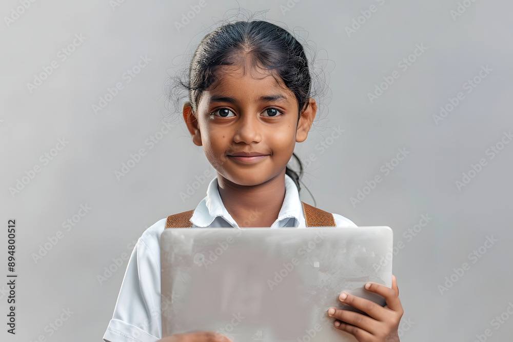 Obraz premium Young female Indian student smiling, in school uniform holding a laptop