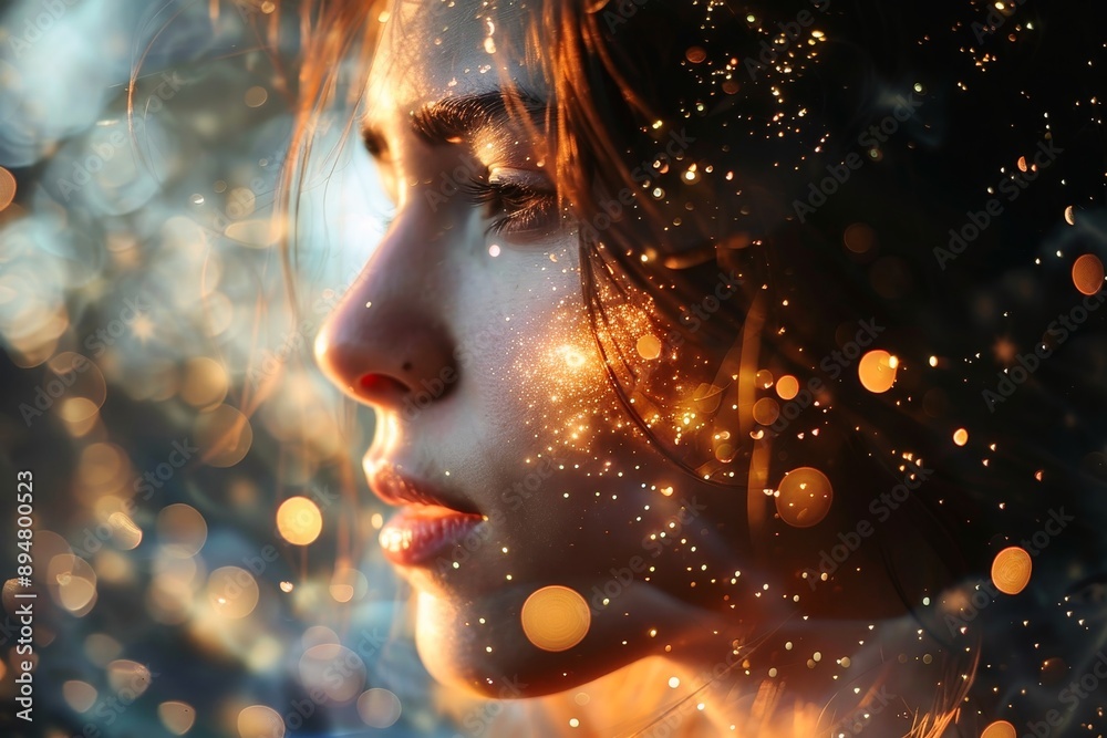 A mesmerizing portrait of a woman made of light particles.