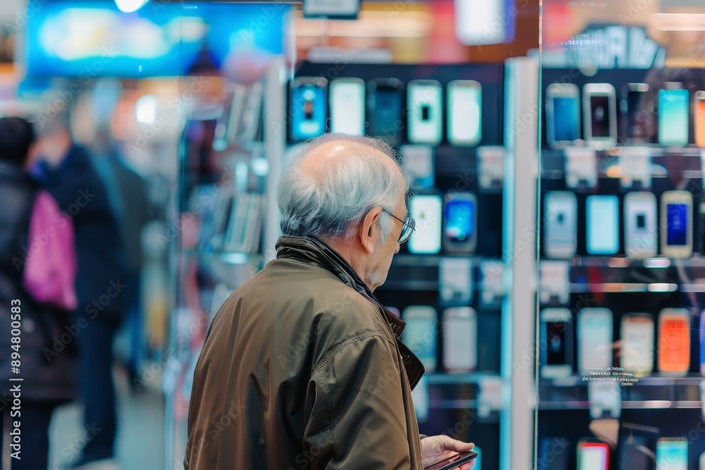 A pensioner stands helplessly in a smartphone store with many new smartphone models.