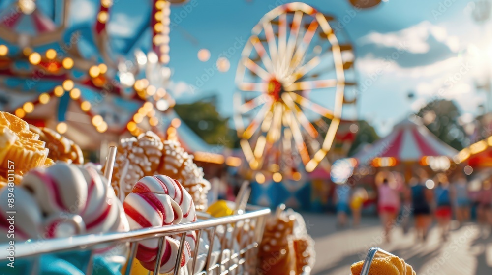 Fototapeta premium An array of colorful candy treats in the foreground, with a ferris wheel and other carnival rides in the background, set against a bright, sunny sky.