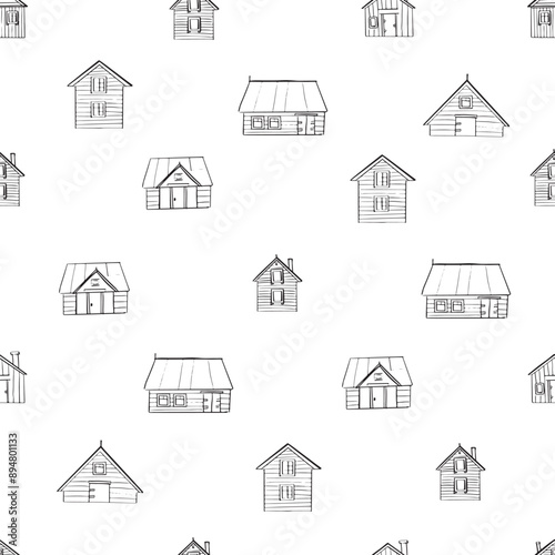 Seamless pattern village. House icons showcasing different architectural styles. Black and white doodle buildings. Outline monochrome