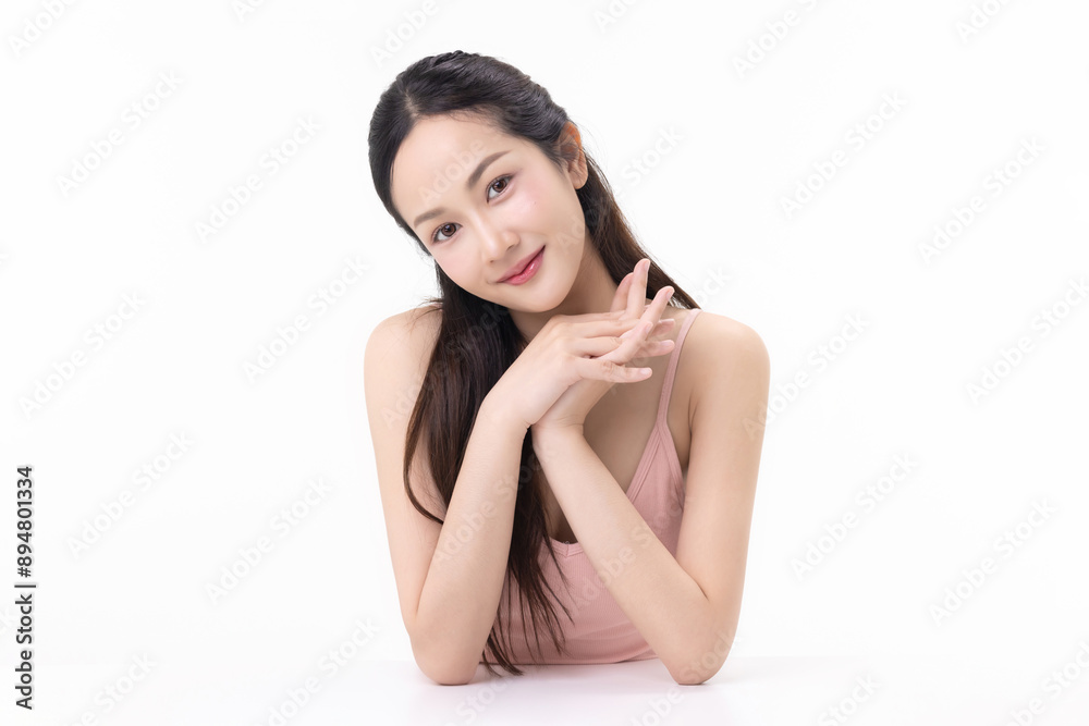 Close-up portrait of young Asian beautiful woman with K-beauty make up style and healthy and perfect skin isolated on white background for skincare commercial product advertising. Close-up portrait of young Asian beautiful woman with K-beauty make up style and healthy and perfect skin isolated on white background for skincare commercial product advertising.
