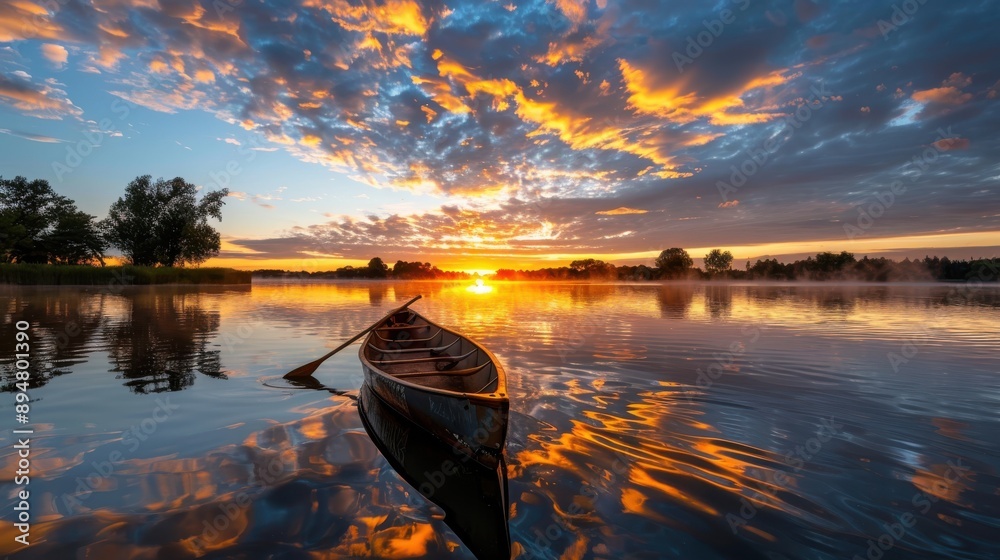 Fototapeta premium A tranquil sunrise illuminates a calm lake with a boat floating quietly on the reflective water, highlighted by vibrant skies and mist gently rising from the surface.