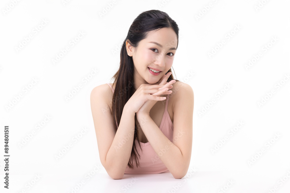 Close-up portrait of young Asian beautiful woman with K-beauty make up style and healthy and perfect skin isolated on white background for skincare commercial product advertising. Close-up portrait of young Asian beautiful woman with K-beauty make up style and healthy and perfect skin isolated on white background for skincare commercial product advertising.
