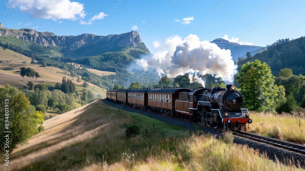 A historic steam train navigating its way through a picturesque mountain valley, framed by blue skies and lush green landscapes during daytime. A historic steam train navigating its way through a picturesque mountain valley, framed by blue skies and lush green landscapes during daytime.