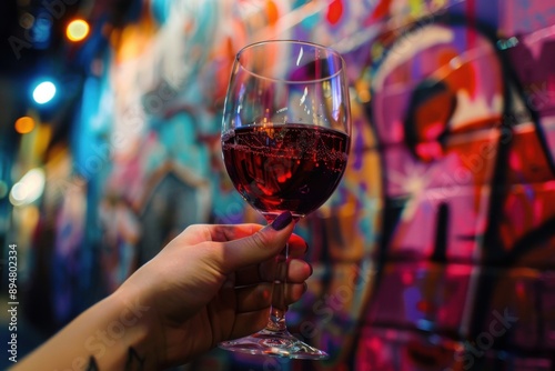 A hand holding a glass of red wine against a colorful graffiti wall at night