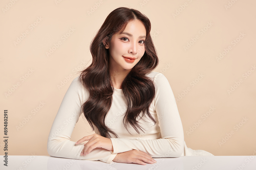 Beautiful young asian woman with clean fresh skin on beige background, Face care, Facial treatment, Cosmetology, beauty and spa, Asian women portrait. Beautiful young asian woman with clean fresh skin on beige background, Face care, Facial treatment, Cosmetology, beauty and spa, Asian women portrait.