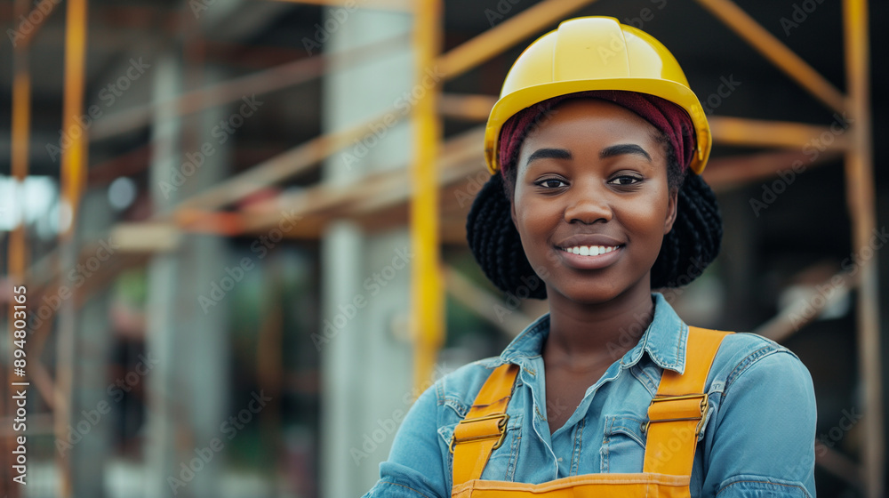 Happy black African American female apprentice, engaged in construction tradesman training, copy space Happy black African American female apprentice, engaged in construction tradesman training, copy space