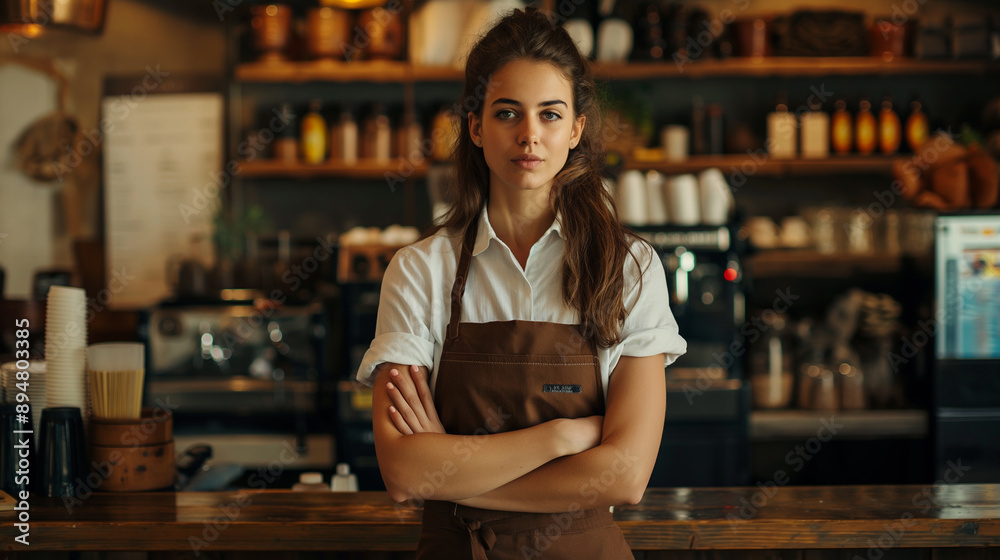 Young woman with coffee beans in hand, wearing a professional apron, standing in a cozy restaurant. Barista ready for morning service, specializing in cappuccino and espresso drink Young woman with coffee beans in hand, wearing a professional apron, standing in a cozy restaurant. Barista ready for morning service, specializing in cappuccino and espresso drink