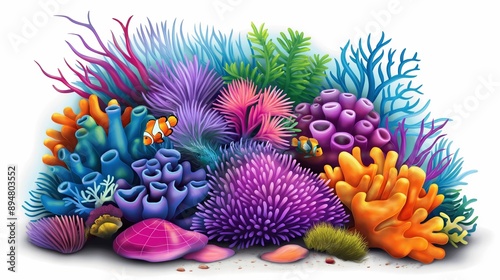 Fototapeta Naklejka Na Ścianę i Meble -  A colorful coral reef with a fish swimming in it. The fish is orange and white. The reef is full of different types of plants and sea creatures
