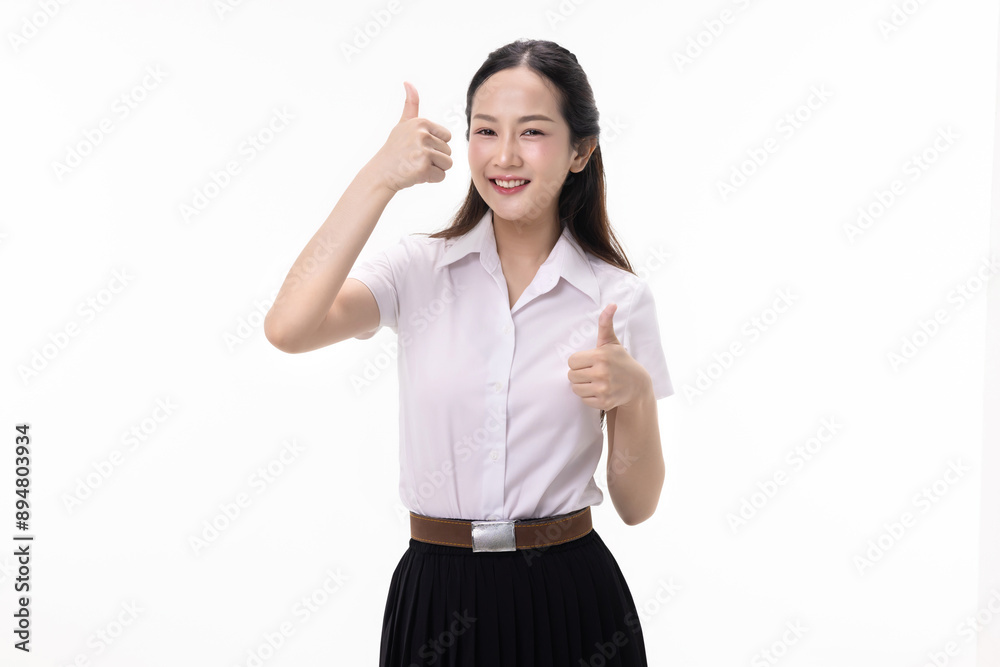 Happy pretty Asian student girl in Thai university uniform show thumbs up hand sign isolated on white background. Happy pretty Asian student girl in Thai university uniform show thumbs up hand sign isolated on white background.