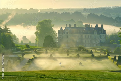 Couple Walking in Foggy Garden with French Chateau in Background.