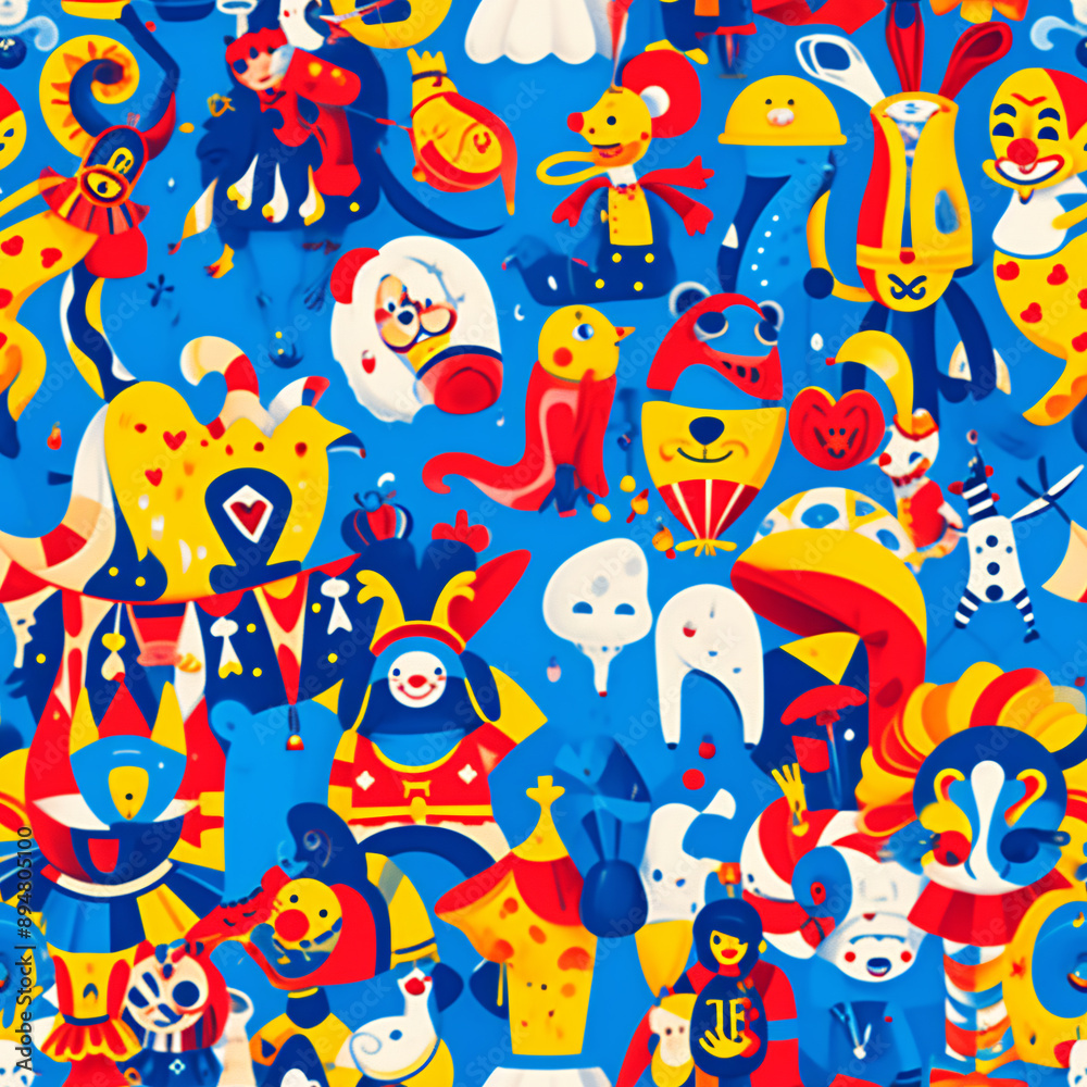 Cartoon template of circus scenes, with clowns, acrobats and animals, in cartoon style, with vibrant red, yellow and blue colors (tile) Cartoon template of circus scenes, with clowns, acrobats and animals, in cartoon style, with vibrant red, yellow and blue colors (tile)