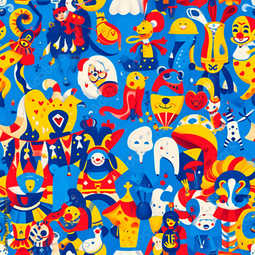 Cartoon template of circus scenes, with clowns, acrobats and animals, in cartoon style, with vibrant red, yellow and blue colors (tile)