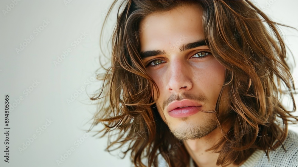 A man with long hair, styled in a loose and natural way A man with long hair, styled in a loose and natural way