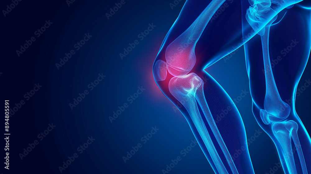 Blue 3D x-ray anatomy of the knee with pain, highlighting joint and bone injury. Arthritis patient inflammation, broken tendon in athletes, red area, copy space Blue 3D x-ray anatomy of the knee with pain, highlighting joint and bone injury. Arthritis patient inflammation, broken tendon in athletes, red area, copy space