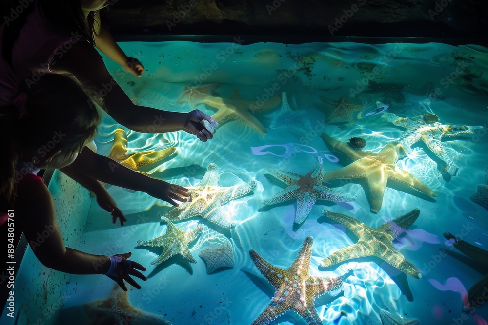 Naklejka premium Kids Reaching for Starfish in Touch Tank.