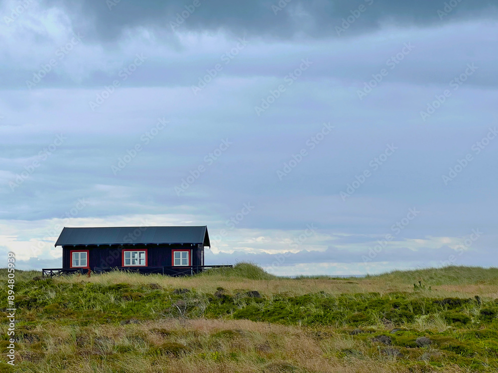 Obraz premium A lonely picturesque house in Danish style on a meadow under the dark cloudy sky before rain, Skagen, on the way to the cape Grenen