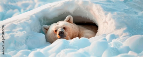 Bear hibernating in a cave surrounded by snowdrifts and hail, Snowdrift, Hibernation, Hail wildlife photo