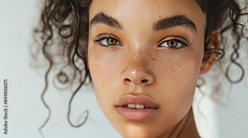 A woman with striking facial features, wearing light, natural makeup, set against a neutral background A woman with striking facial features, wearing light, natural makeup, set against a neutral background