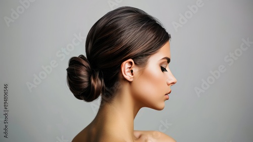 A woman with straight hair, styled in a low bun