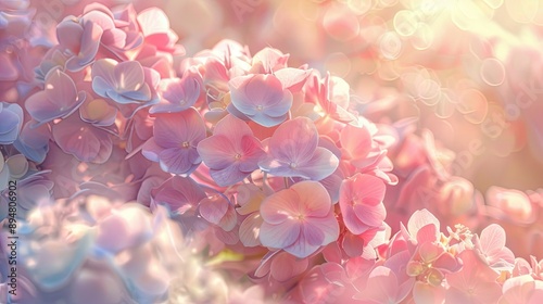 Beautiful pastel hydrangea blooms with a subtle sunlight glow, creating a warm and inviting atmosphere © ณัฐญาณ์ นามไพร