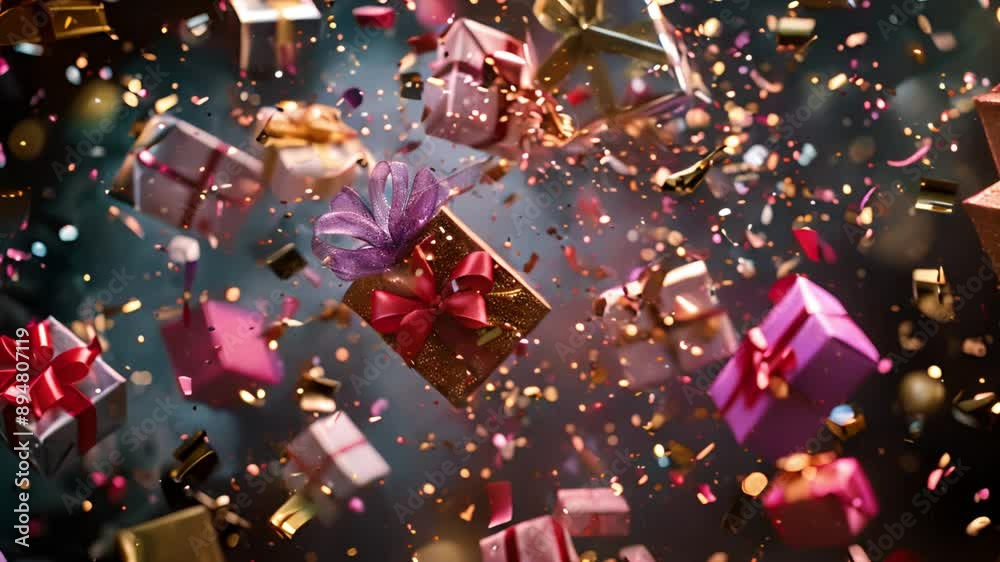 Festive gift boxes with golden confetti on a sparkling background. Festive gift boxes with golden confetti on a sparkling background.