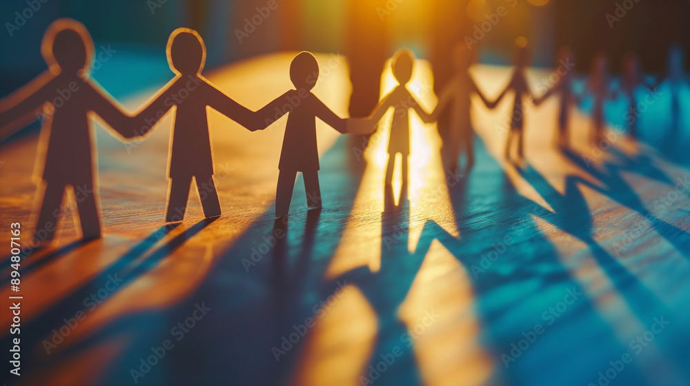 Team Rise Hand Shadow ภาพประกอบสต็อก Paper people in a continuous chain holding hands ...