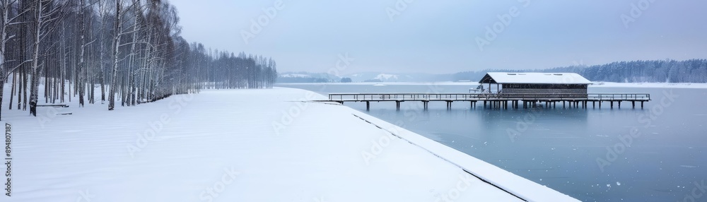 Naklejka premium Snowfall creating a white blanket over a frozen lake, with flurries dancing in the breeze, Snowfall, Frozen Lake, Flurries wonder