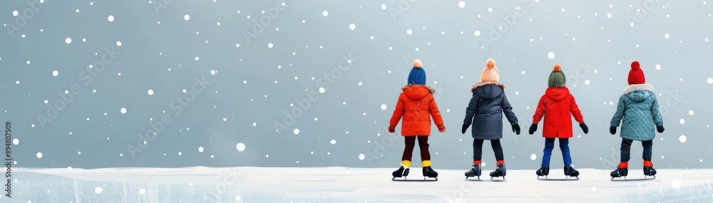 Children ice skating during a light snowfall, playful winter, joyful icy scene Children ice skating during a light snowfall, playful winter, joyful icy scene
