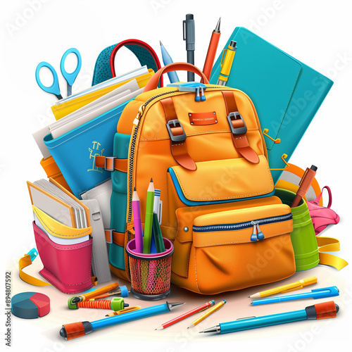 A vibrant and cheerful collection of school supplies including a bright orange backpack, books, and various stationery items, ideal for back-to-school promotions and educational materials