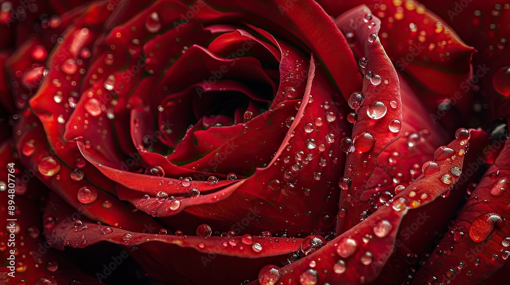 Close-up of a vibrant red rose with dew-kissed petals, showcasing intricate details and rich textures Close-up of a vibrant red rose with dew-kissed petals, showcasing intricate details and rich textures