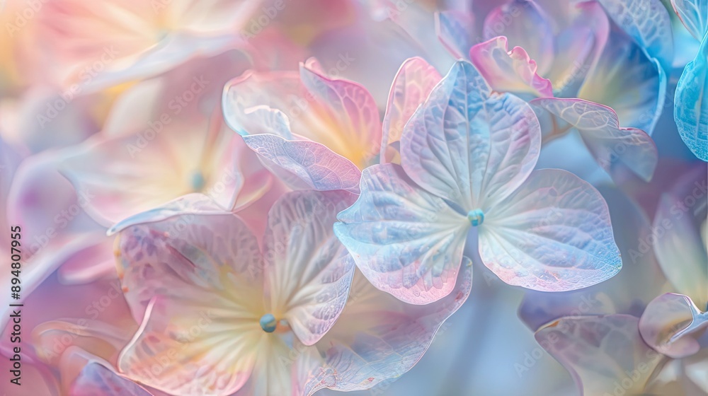 Close-up of pastel hydrangea clusters with a gentle breeze creating a soft, flowing effect Close-up of pastel hydrangea clusters with a gentle breeze creating a soft, flowing effect