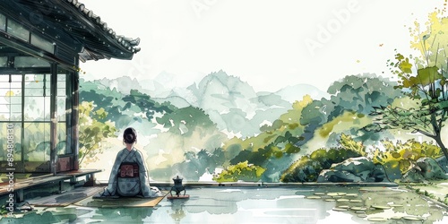 Okinawan tea ceremony in a zen garden, traditional attire, serene atmosphere, ink and watercolor, detailed nature elements.