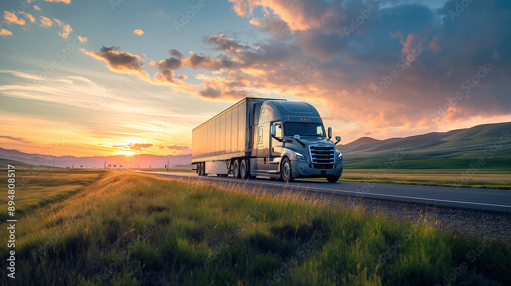 Low angle view of a gray semi truck with trailer driving on an asphalt road amidst green meadows. Summer trucking job during the sunset outdoors Low angle view of a gray semi truck with trailer driving on an asphalt road amidst green meadows. Summer trucking job during the sunset outdoors