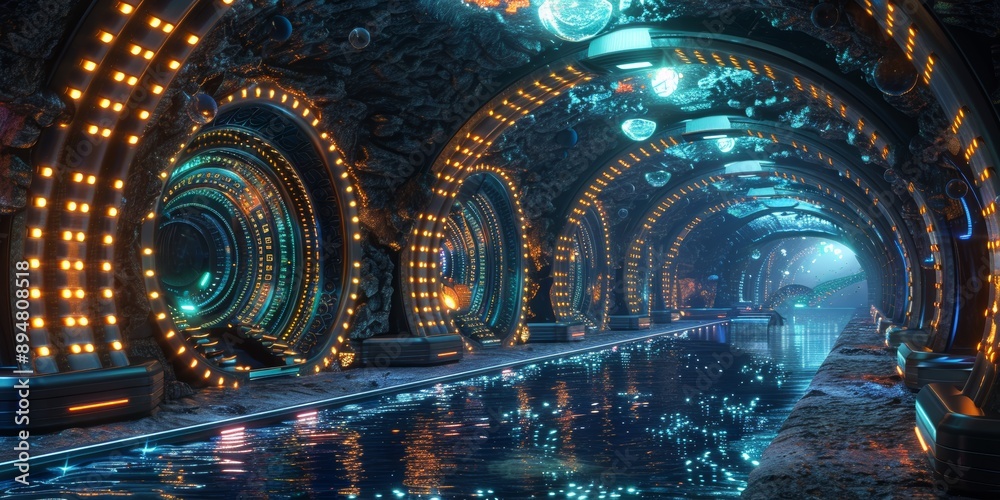 Obraz premium A futuristic Okinawan underwater research station, glowing with high-tech lights, sci-fi style, neon colors, 3D rendering, intricate design.