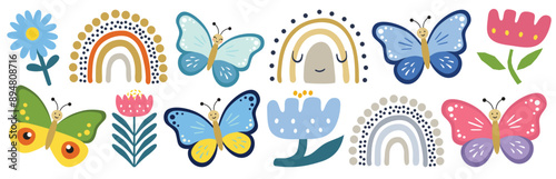 Summer butterfly, flowers, rainbows. Hand drawn cute cartoon summer characters isolated on light background. Color insect clipart. Baby shower design elements. Party invitation, birthday celebration. 