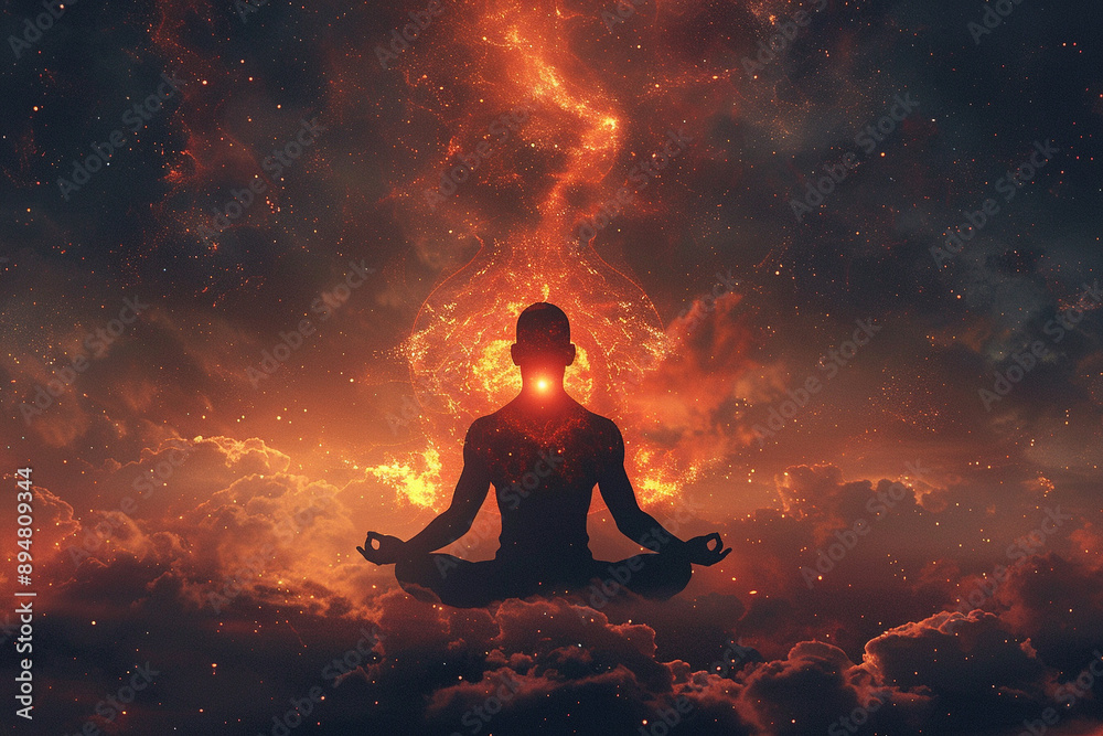 Meditative Fire. A silhouette meditating amidst fiery clouds under a dark sky with an ethereal glow. Meditative Fire. A silhouette meditating amidst fiery clouds under a dark sky with an ethereal glow.