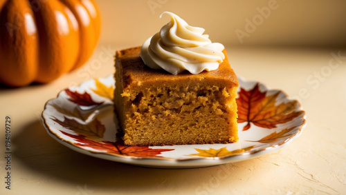 A Slice of Pumpkin Cake with Whipped Cream on an Ornate Plate
