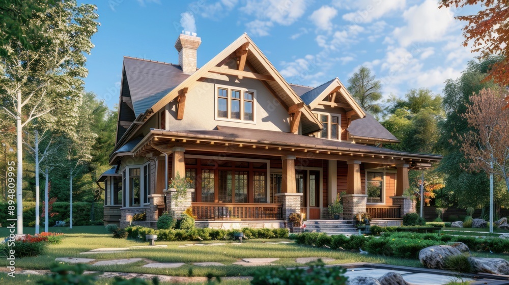 Create a prompt for a photo realistic image of a Craftsman style house with a gable roof, tapered columns, and detailed woodwork.
